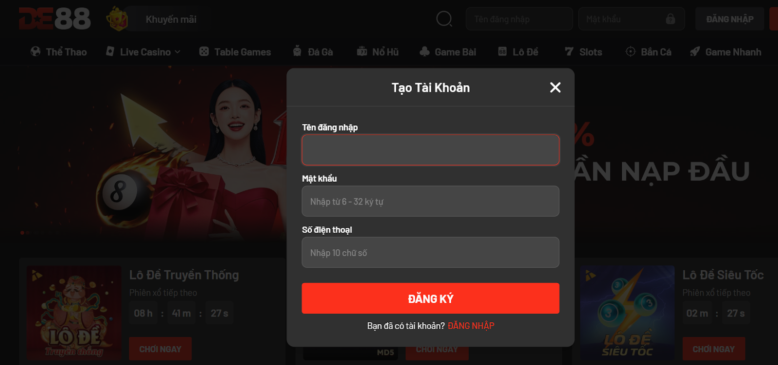 (Hướng dẫn đăng ký, đăng nhập, xác minh tài khoản DE88)