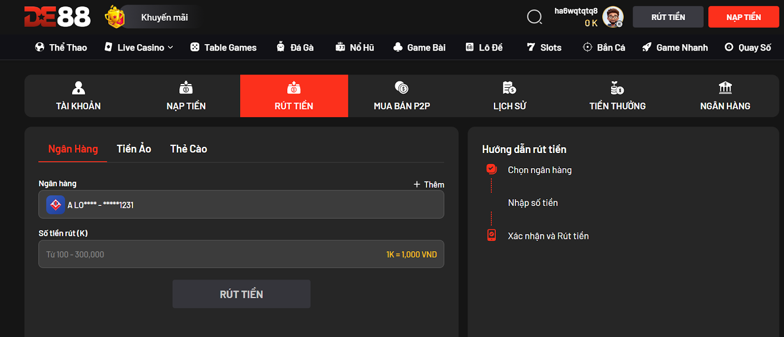 (Hướng dẫn nạp rút tiền trên nhà cái DE88)